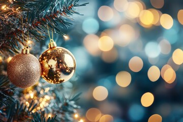 Shiny golden Christmas ornament hanging on decorated tree