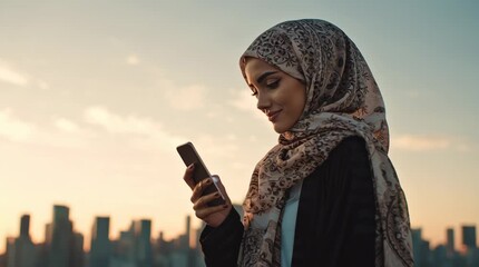 Young Muslim woman in hijab using smartphone with city skyline at sunset. - Powered by Adobe