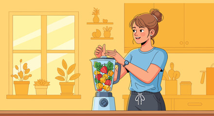 Young Woman Preparing Healthy Smoothie In Kitchen With Fresh Fruits