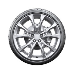 Silver alloy wheel with tire isolated on transparent background