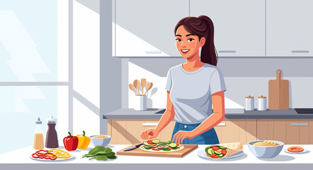 Young Woman Preparing Healthy Vegetarian Wrap In Modern Kitchen