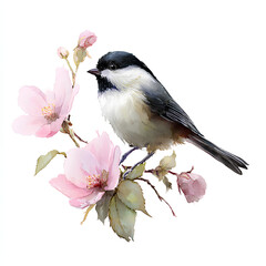 Obraz premium A Cute Willow Tit Bird With Pink Flowers, White Background (Generative Ai)