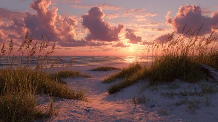 Coastal sunset landscape with beach dunes water and dramatic cloudy sky