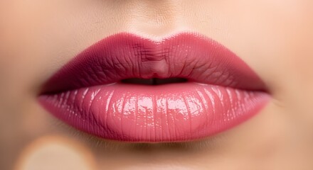 A model’s lips with ombre lipstick effect, macro close-up, natural skin textures, and soft glowing background.