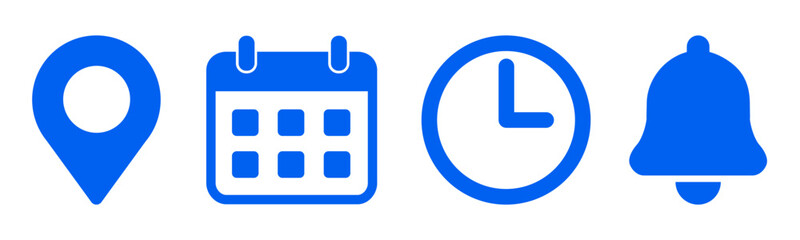 Location, time, calendar and notification bell icons set. Pin, date, clock and bell signs, business schedule signs - vector