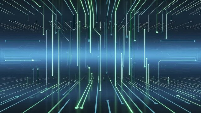 Illuminated circuit-like paths and nodes on a dark blue-green plane creating a digital tunnel effect with a central radiant glow