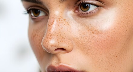 A close-up of freckles and natural makeup base, photographed against a soft white background.