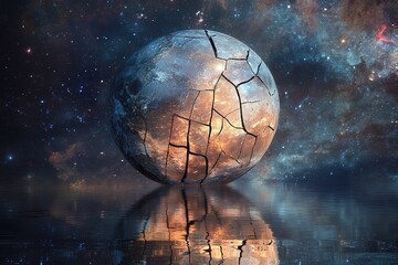 surreal dreams of a moon made of cracked glass reflecting galaxies