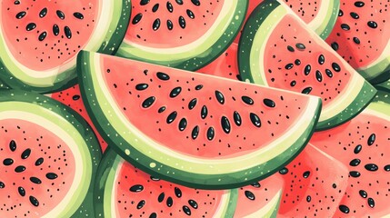 Close-up view of many watermelon slices, showing the red flesh, green rind, and black seeds.