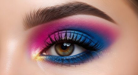 A model’s eye with multicolor eyeshadow, photographed with a soft beige background.