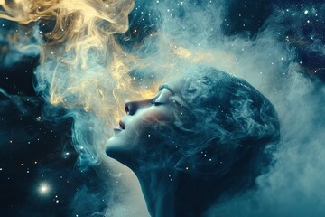 surreal dreams of a person dissolving into swirling smoke and stars