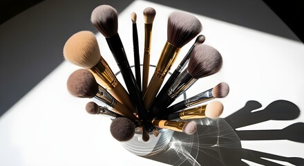 A row of makeup brushes in a glass cup, photographed on a clean white surface with cinematic lighting.