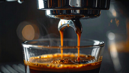 Close-up of fresh espresso coffee brewing from a machine into a glass cup, highlighting the rich, aromatic process and morning ritual, perfect for an energetic start to the day