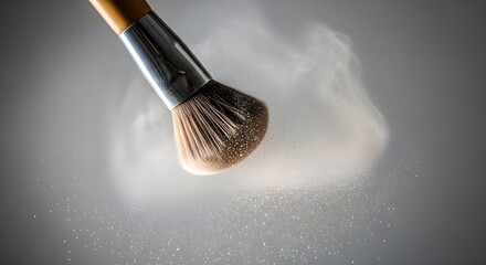 A powder brush dispersing product mid-air, photographed with cinematic lighting against a neutral gray background.