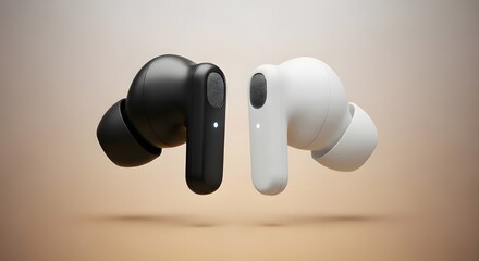Wireless earbuds floating in midair against a soft neutral background, photographed with macro detail and professional studio lighting.