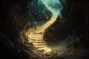 surreal dreams of a spiral staircase made of light in a dark void
