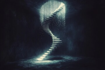 surreal dreams of a spiral staircase made of light in a dark void