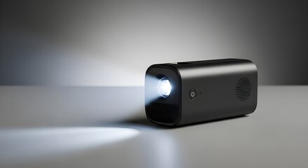 A portable mini projector casting a faint light beam, photographed in sharp realism with neutral studio backdrop.