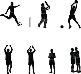 Silhouette illustration of athletes playing soccer and cricket, sportsmen performing actions, cheering, and celebrating teamwork in competitive game concept