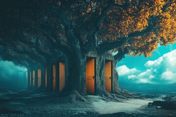 surreal dreams of a tree with doors opening to different dimensions