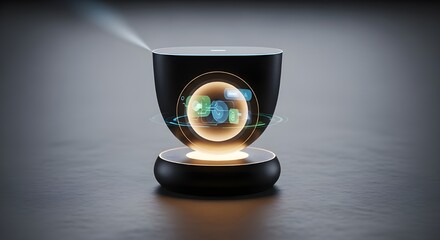 A futuristic smart home hub device glowing softly, captured with cinematic light on a neutral surface.