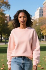 Fototapeta premium Woman in peach color sweatshirt on the nature background