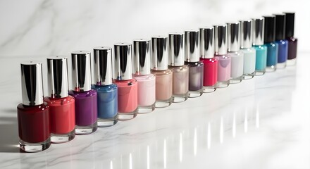 A nail polish collection displayed neatly on a marble surface with natural shadows.