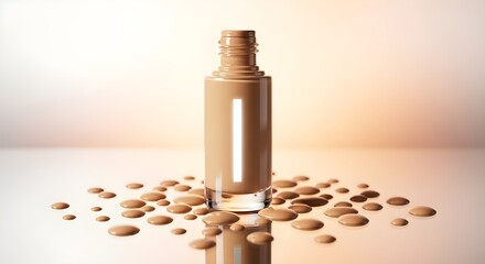 A bottle of liquid foundation with droplets around it, photographed with perfect clarity and glowing studio lights.