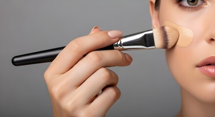 A makeup artist’s hand holding a brush applying foundation, photographed with a neutral gray background.