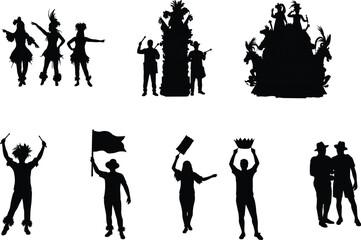 Silhouette illustration of carnival dancers, musicians, and parade performers celebrating festival with flags, drums, and decorative floats in joyful atmosphere