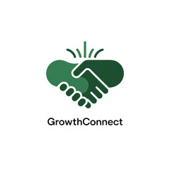 Green handshake forming a heart shape with light rays above and text Growth Connect below love connection isolated on a transparent background
