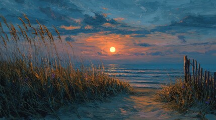 Coastal sunset scene with dunes ocean and golden hour lighting