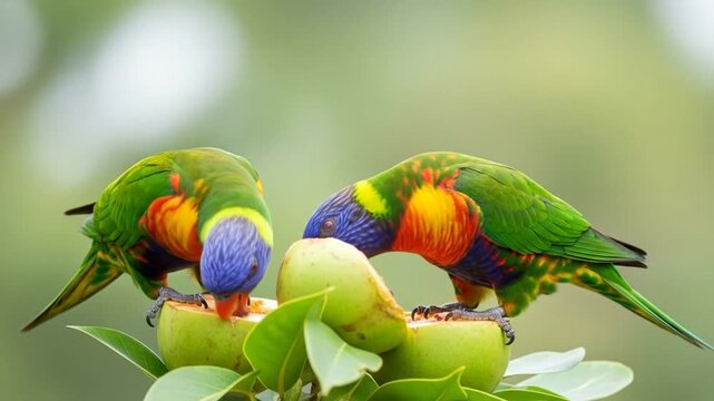 Rainbow lorikeets feeding together on fruit in vibrant tropical setting - captivating wildlife behavior in their natural habitat, perfect for nature documentaries