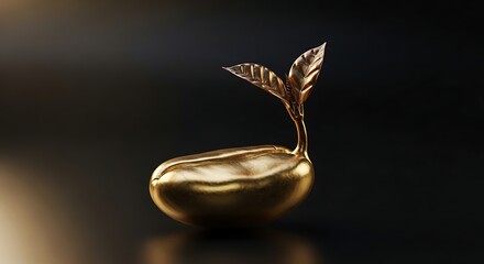 Elegant golden coffee bean with sprouting leaves against a dark background symbolizing growth