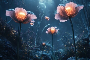 surreal dreams of giant flowers blooming with glowing orbs