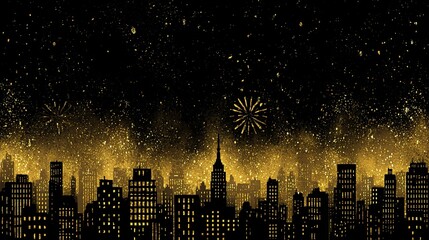 Cityscape at night with fireworks and gold glitter