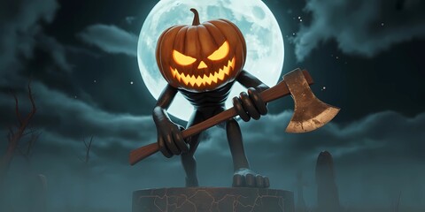 A terrifying pumpkin-headed figure wielding an axe stands beneath a glowing full moon on a spooky Halloween night, symbolizing fear and mystery.