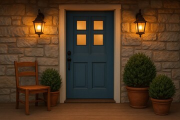 Fototapeta premium Cozy Entrance with Blue Door, Warm Lights, Stone Wall, Potted Plants, Wooden Chair, Evening Ambiance