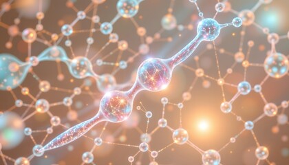 transparent chemistry composition, glowing gene network, pastel beige and peach gradient background.