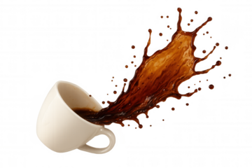 Coffee cup spilling hot liquid, splashing beverage creating dynamic splash droplets, transparent background