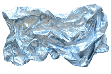 Crumpled silver foil reflects light creating an abstract texture for graphic design on transparent background