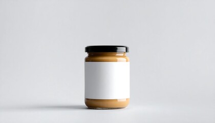 Jar of peanut butter with a blank label on a white surface