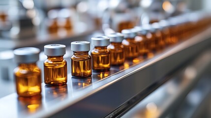 Amber glass vials filled with liquid are neatly arranged on a reflective surface, showcasing pharmaceutical products in a laboratory setting with a sterile atmosphere