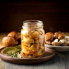 Jar of preserved mushrooms with fresh mushrooms beside