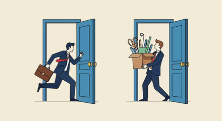 Businessmen exit and enter doors one carrying briefcase other box of items symbolizing change