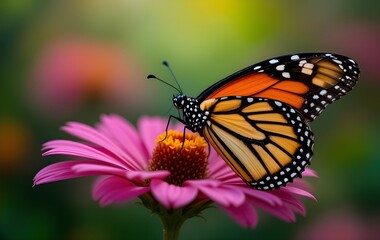 Fototapeta premium Beautiful butterfly sucking nectar from a bright yellow flowers stamens.