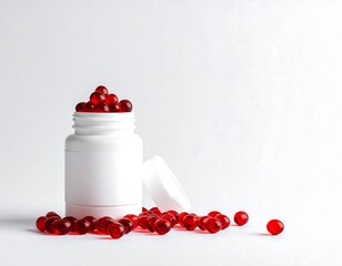 Jar spilling bright red gel capsule vitamins