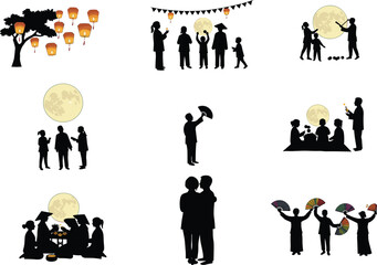 Silhouette illustration of people celebrating Mid Autumn Festival with full moon, lanterns, mooncakes, and traditional family gathering in night scene