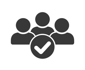 Verified user account icon, check mark symbol, guaranteed safety person sign, account verification icon, verified profile badges, team, community, clients and customers, group of people