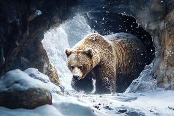 ancient cave bear emerging from a snowy cave